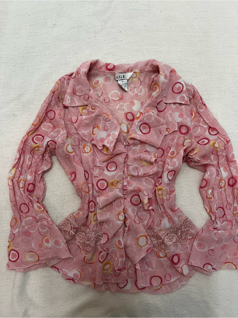 Vintage S.L.B. Pink Ruffle Lace-Trim Long-Sleeve Blouse